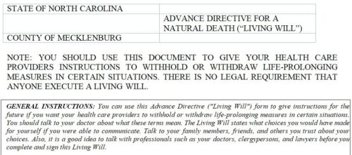 Advanced Directive for Natural Death North Carolina Living Will